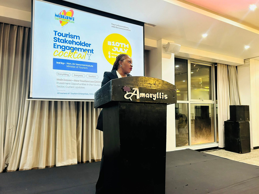 Vera Kamtukule addressing a Tourism Stakeholder Engagement Cocktail, Amaryllis Hotels Blantyre, Blantyre