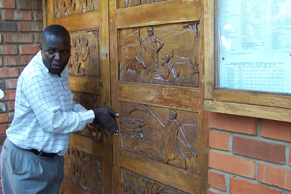A church door with carvings of the The 22 Uganda Martyrs at Namugongo