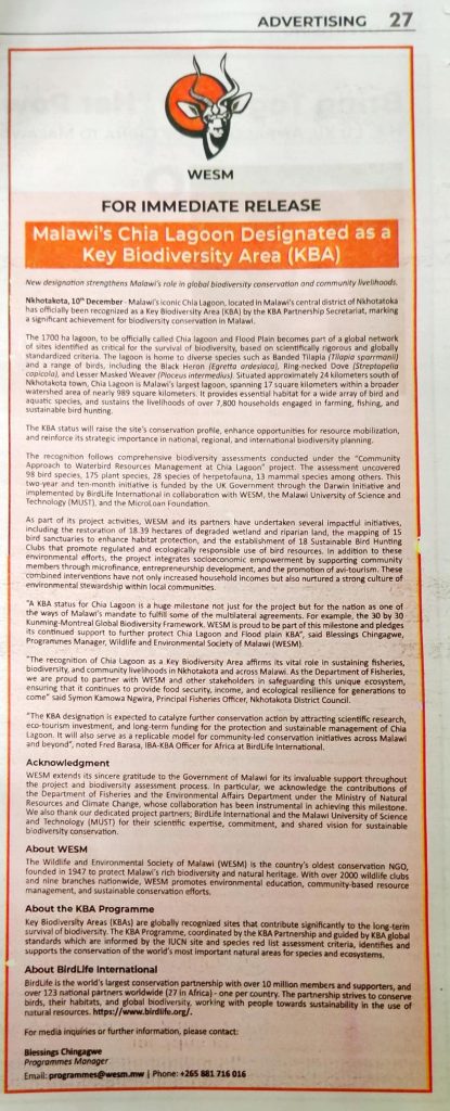 Chia Lagoon Press release Key Biodiversity Areas Malawi
